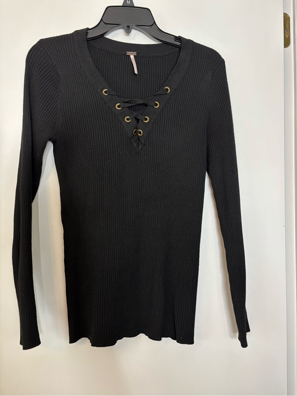 Poof Apparel Black Ribbed Lace-Up V-Neck Long Sleeve Top